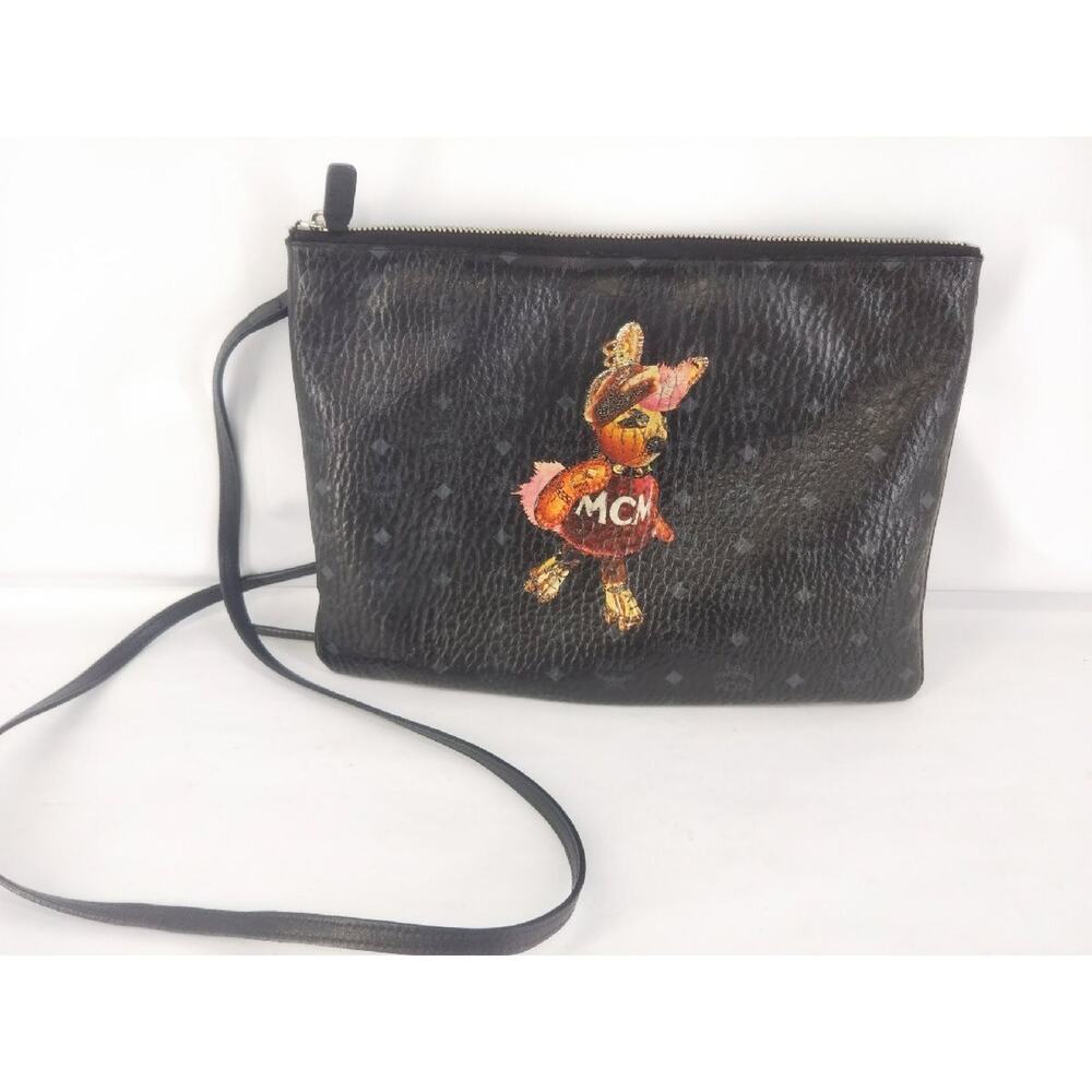 MCM Rabbit Illustration Leather Clutch Bag Black Used